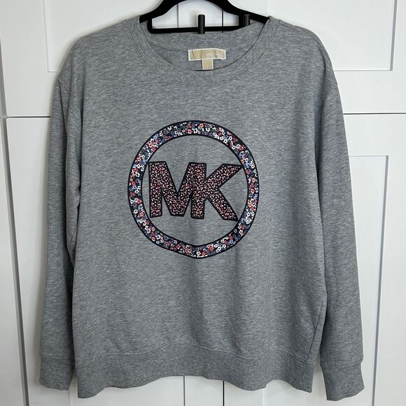 Michael Kors Heather Gray Sweatshirt with Floral MK Logo - L - EUC - Picture 1 of 4